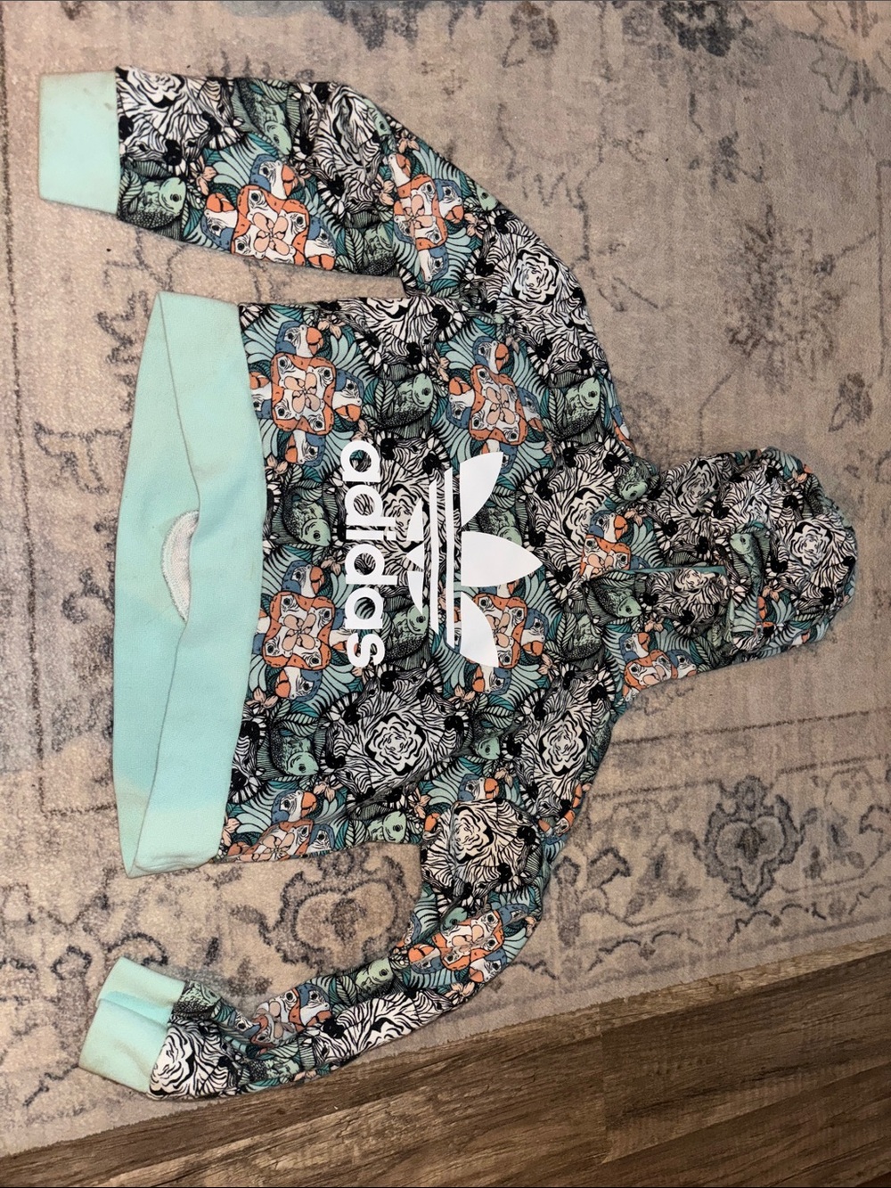 adidas Floral Trefoil Pullover Hoodie in Mint, Black & Orange